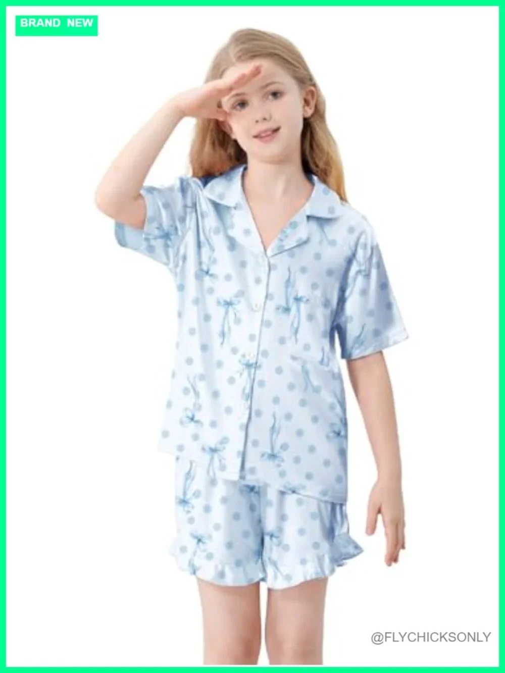 Girls 3 Piece Silk Satin Pajama Set Short Sleeve Ruffle Sleepwear Button Down